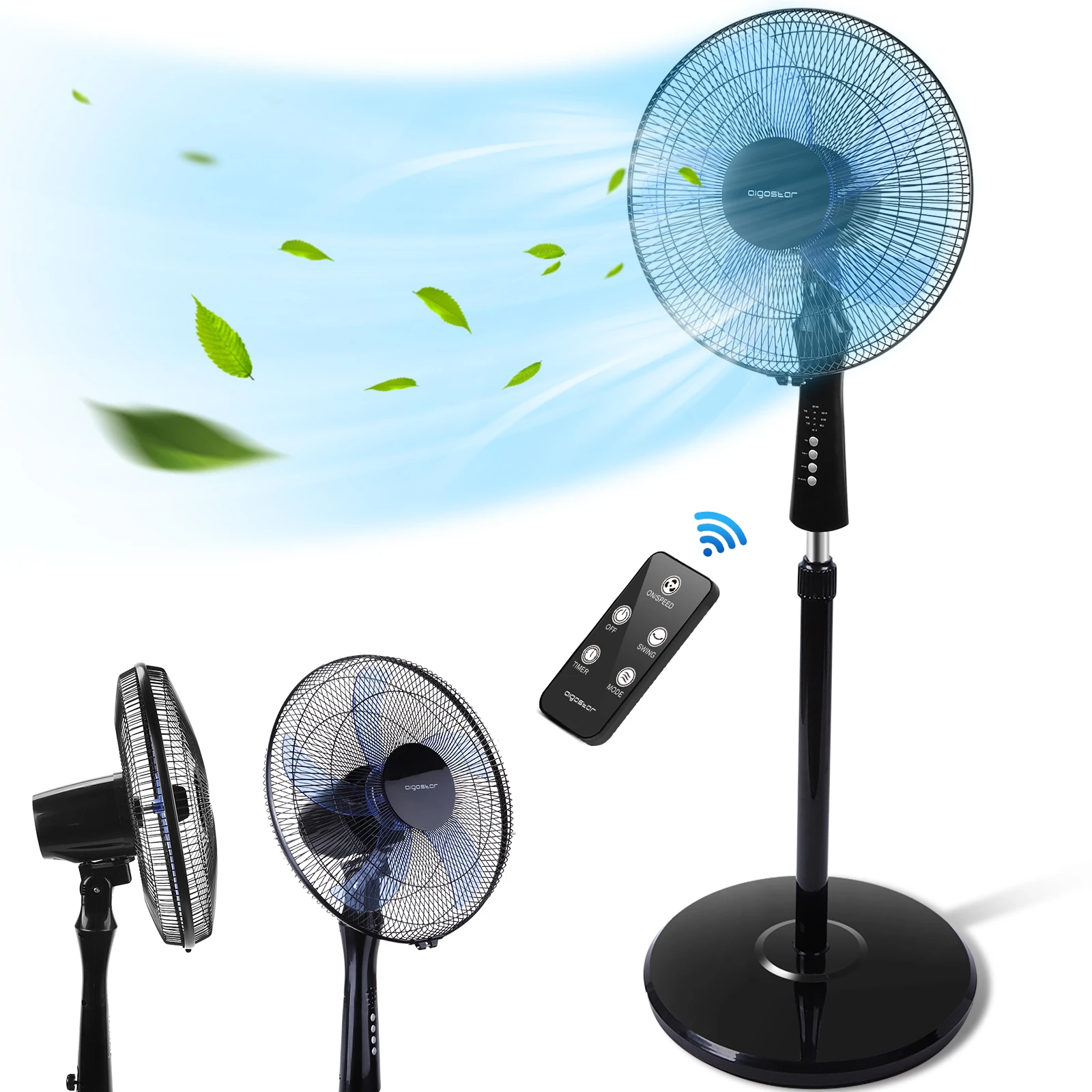 Acute fan on silent stand 60 W with remote control. 3 speeds, 3 Modes, 5 beads, automatic timer. Height adjustable, 90 ° Oscillation, non-slip-Olga