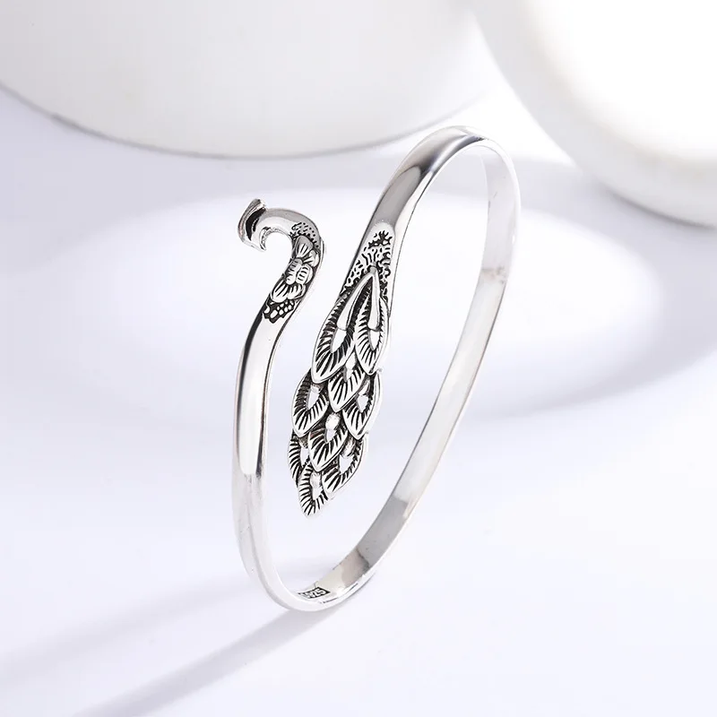 Ethnic Style Retro Thai Silver Exquisite Hollow Peacock 925 Sterling Silver Personality Animal Opening Antique Design Bracelets