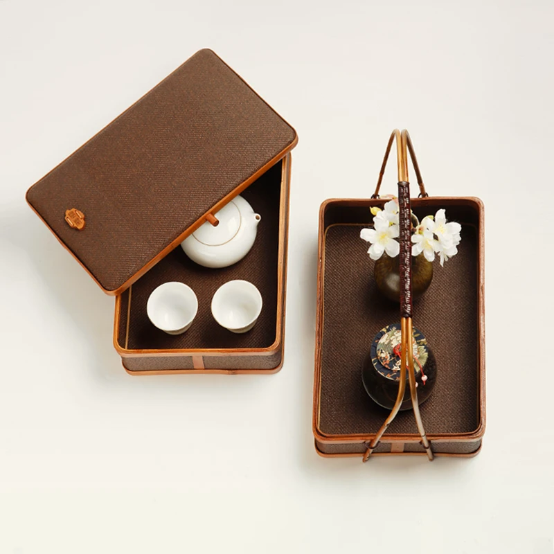Rattan food box Bamboo basket Japanese tea set storage box basket Antique handbag Outdoor portable teacup box basket
