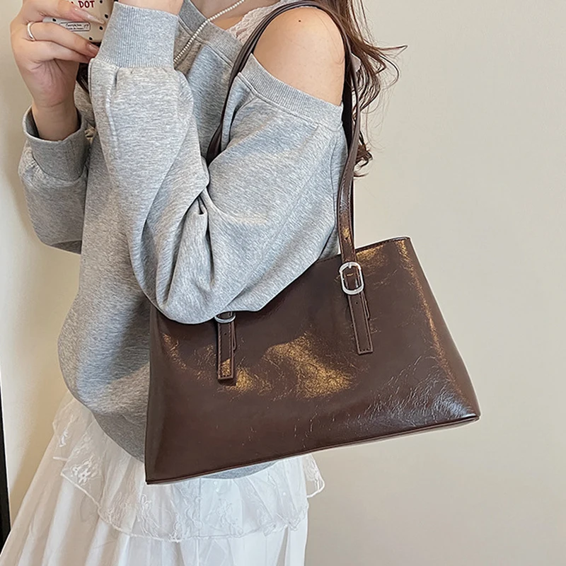 

Retro Commute Underarm Tote Bag for Women Autumn New Unique Versatile PU Handbags Large Capacity Simple Casual One Shoulder Bags