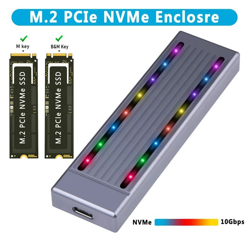 per custodia SSD M.2 NVMe con luce RGB, custodia in alluminio, alta velocità 10 Gbps, scatola per disco rigido portatile con cavo USB-C