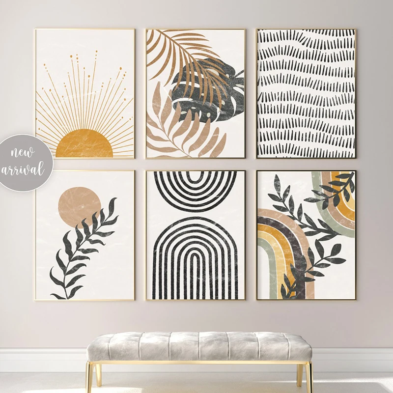 Mid-century Boho Decor Abstract Geometry Sun Leaves Wall Art Posters and Prints Canvas Painting Pictures for Living Room Decor