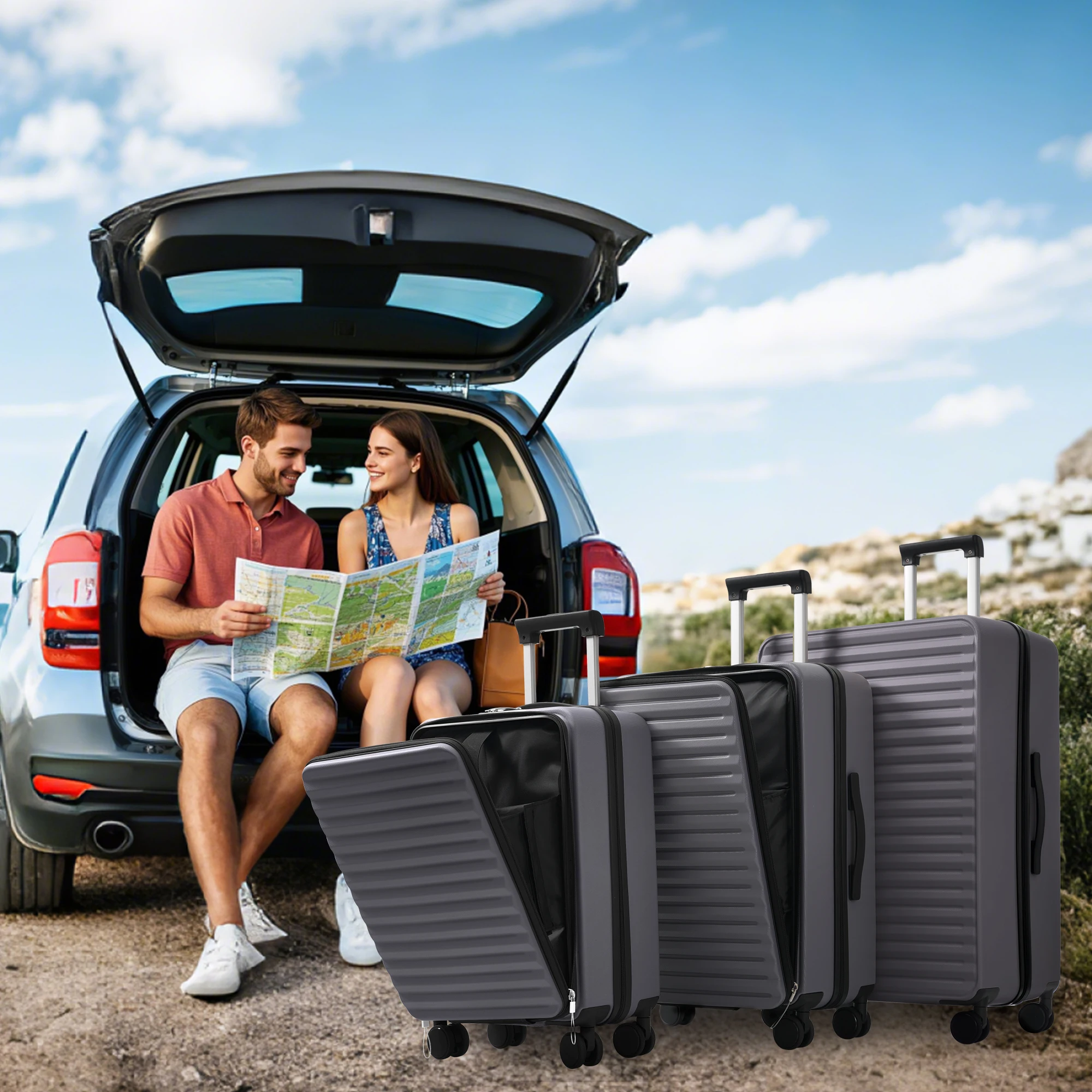 Ensemble de bagages 3 pièces avec design d'ouverture frontale innovant, porte-gobelet pliable, coque rigide en ABS, serrure TSA, roulettes 360° °   Valises à roulettes, bagages de cabine, bagages à roulettes à déposer et grands bagages
