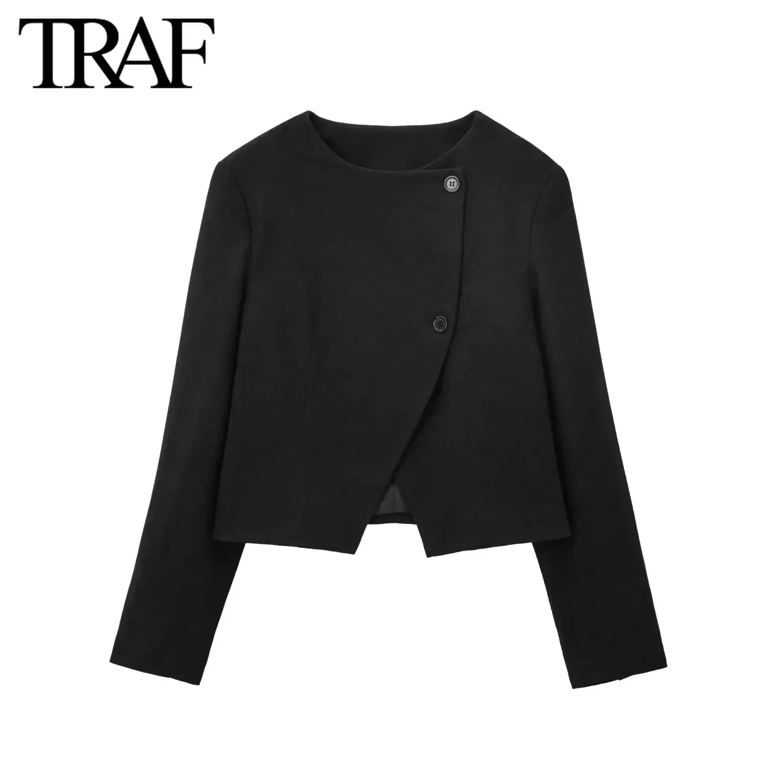 TRAF Women Fashion Autumn New Solid Asymmetric Jacket Long Sleeved Single Breasted Round Neck Short Coats Chic Ladies Tops