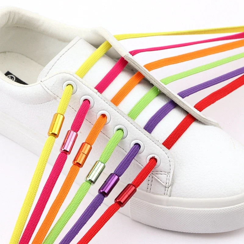 Flat Shoe Laces Elastic Men and Women Sneakers No Tie Shoelaces Round Colorful Metal Lock Lazy Shoes Lace 18 Colors 1 Pair