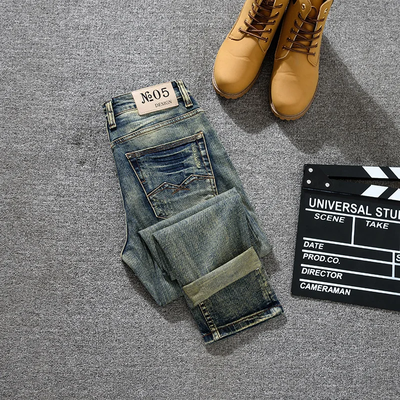 

Американские уличные ностальгические облегающие джинсы для мужчин, повседневные потертые джинсовые тренды в стиле ретро, классические брюки с маленькими штанинами