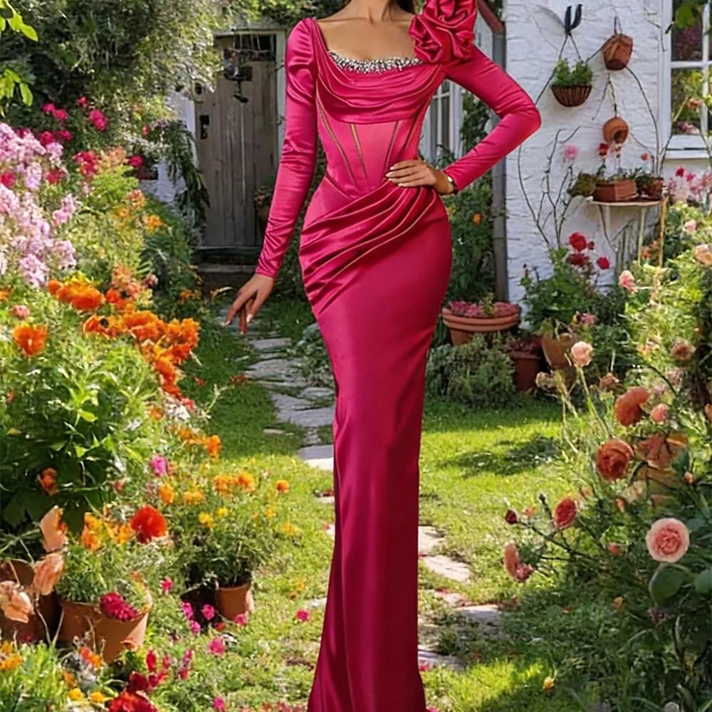 Elegante cuello redondo Color caramelo fruncido manga completa vestidos de noche formales delgados vestidos de fiesta de cumpleaños personalizados