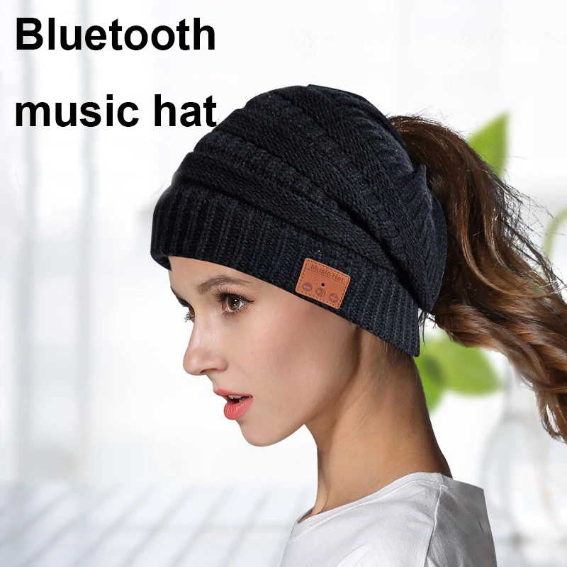 

New Bluetooth Knit Hat 5.0 Wireless Talk Music Stereo With Ponytail Headphones Running Hat