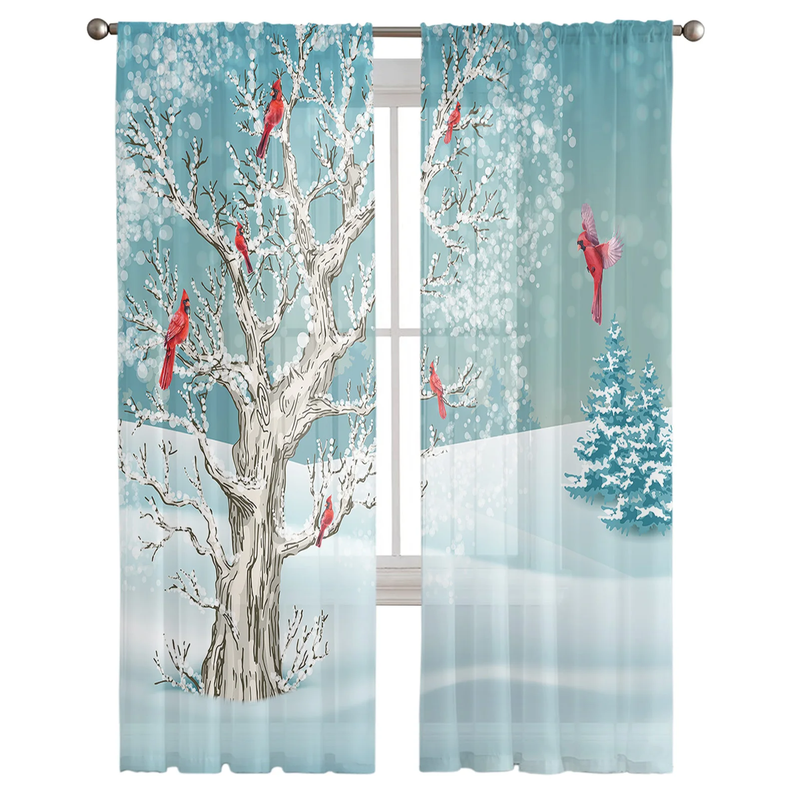 Christmas Winter Tree Snowflake Cardinal Bird Tulle Drapes for Living Room Bedroom Sheer Window Curtains Balcony Voile Curtains