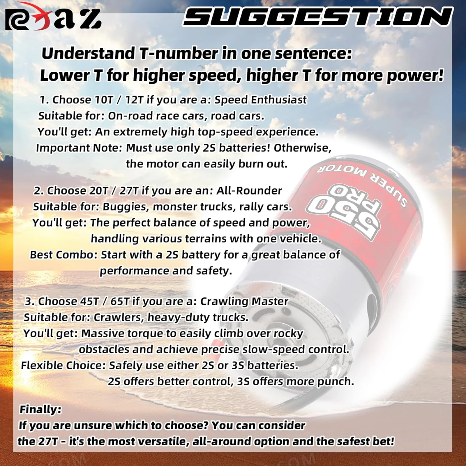 RCXAZ 1/10 RC Brushed Motor 10T 12T 20T 27T 45T 65T 550 Brushed Motor for Traxxas TRX4 Axial SCX10 D90 RC Crawler Car Parts