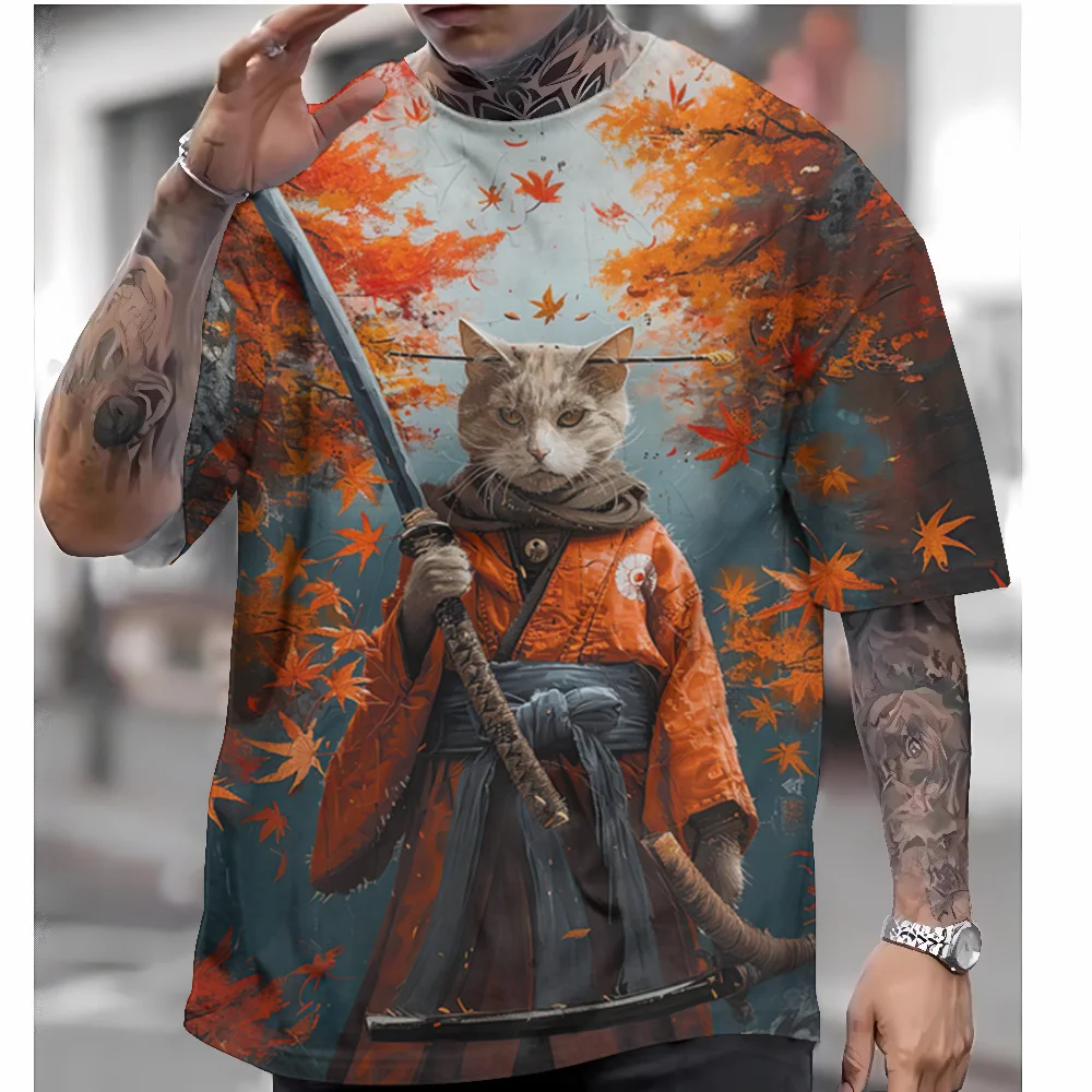 Japanese Style T-Shirt For Men Autumn Warrior Cat Graphic T Shirts 3D Printed Short Sleeve T Shirts Oversized Men's Clothing Top