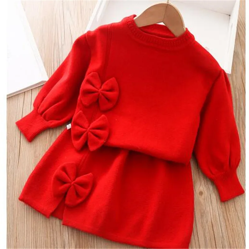 Clothes Warm Knitted Sweater Set Fall/Winter Girl Bowknot Cute Sweater Girl Solid Color Knitwear + Skirt 2-piece Set