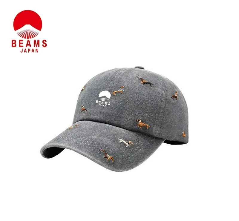 BEAMS Japanese Vintage Washed Distressed Soft Top Baseball Cap Dog Print Fashion Casual Daily Outdoor Peaked Sun Hats
