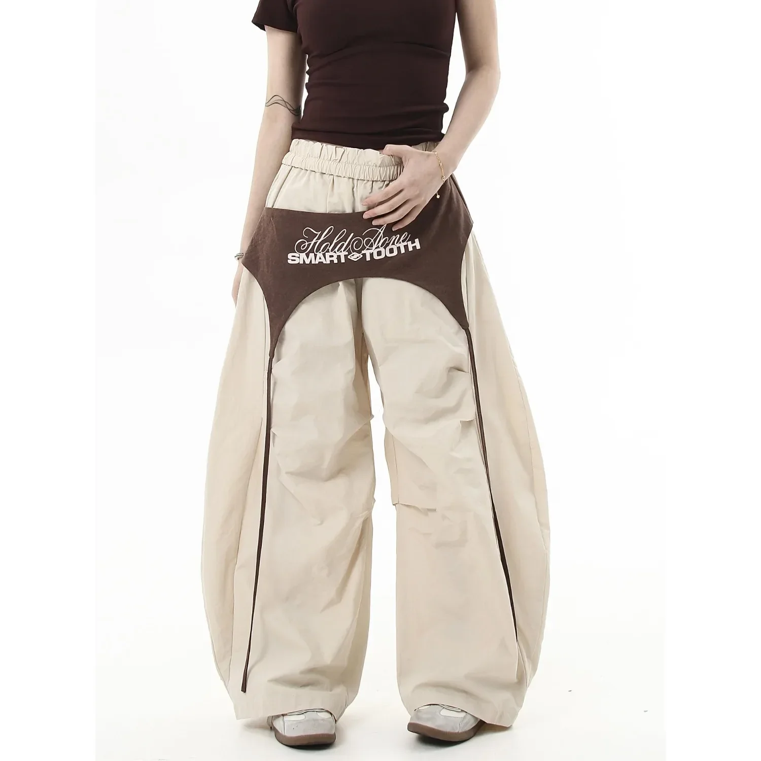 

2025 American Color Block Belted Knife Pants Quick Dry Ice Silk Casual Loose Wide Leg Pants Hip Hop Street Loose Long Trousers F
