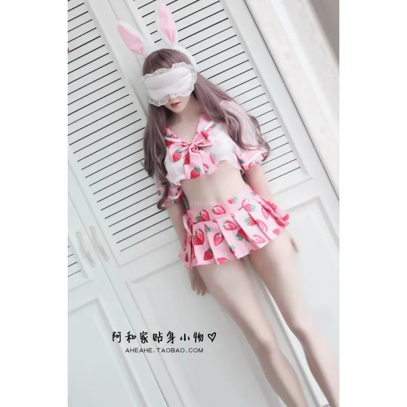 Anime Cute Sailor Dress Lolita Strawberry Printed Cosplay Costume School Girl Uniform Sexy Kawaii Lingerie Set Exotic Apparel