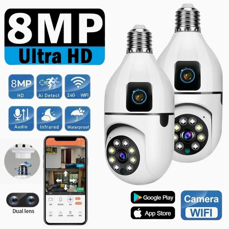 8MP E27 Glühbirne WIFI Kamera 8X Zoom Dual Objektiv Indoor Überwachung Menschen Tracking Drahtlose Zwei-wege Audio Kameras Farbe nachtsicht