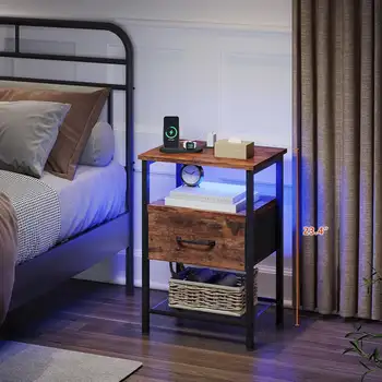 Juego de 2 mesitas de noche, mesa auxiliar con estación de carga, mesita de noche LED con cajón de tela para dormitorio, mesa auxiliar de 3 niveles con apertura 10 best sales Juego de 2 mesitas de noche - №9