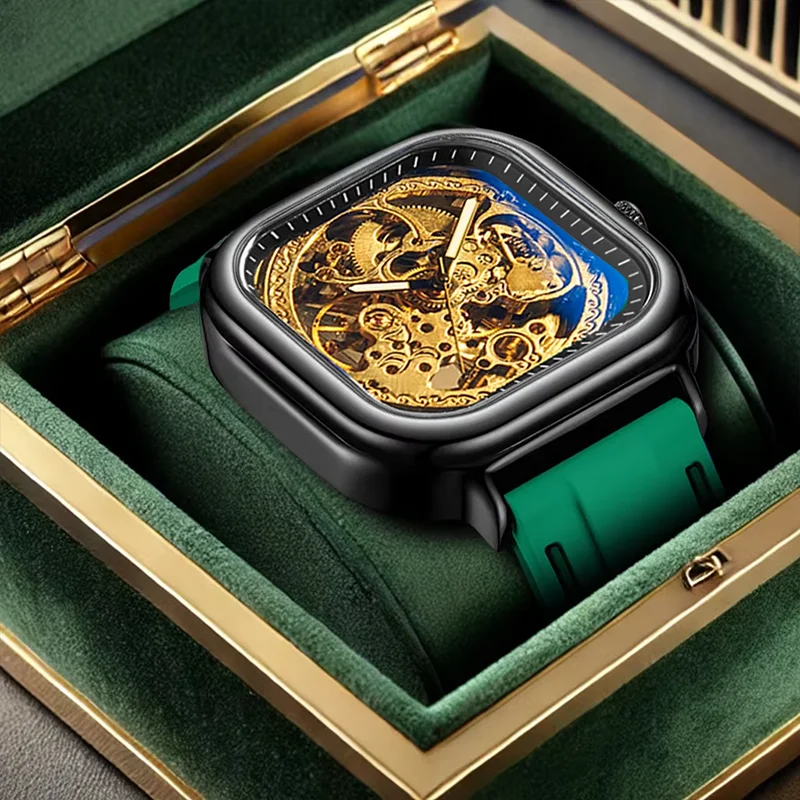 

Новинка, мужские механические часы, модные, для отдыха, роскошные, с вырезами, с силиконовым ремешком, мужские механические наручные часы