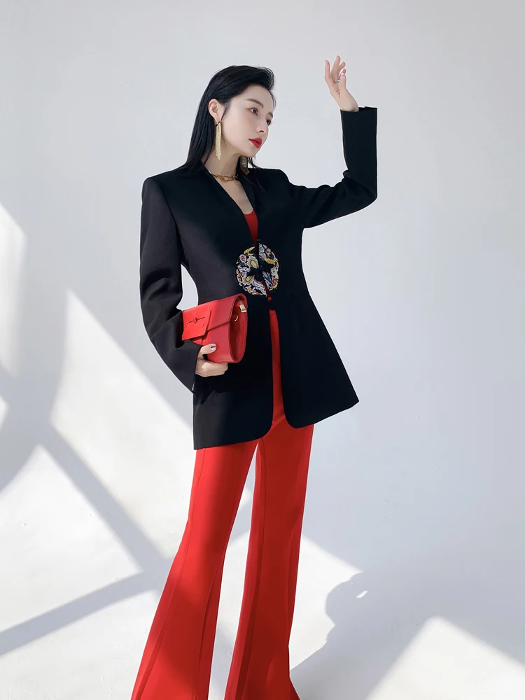 

Aksaya High-End Design Chinese Sle Button Embroidered Bla Casual Suit Jaet Women's Spring Autumn Faion Commute Sle