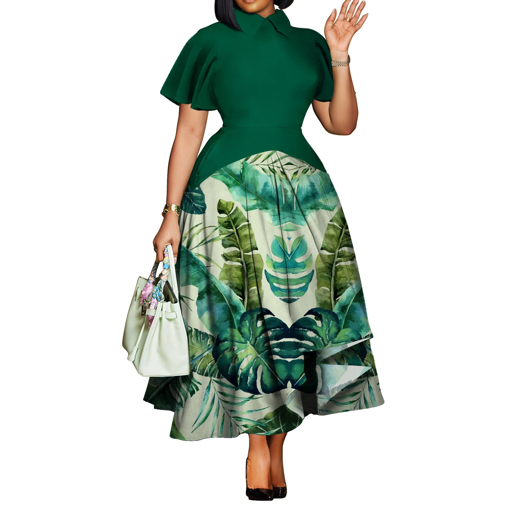 Women's Clothing 2025 Summer Fashion Temperament Woman Dress Plus Size Lapel Neck Short Sleeves Printing Elegant Party Dresses