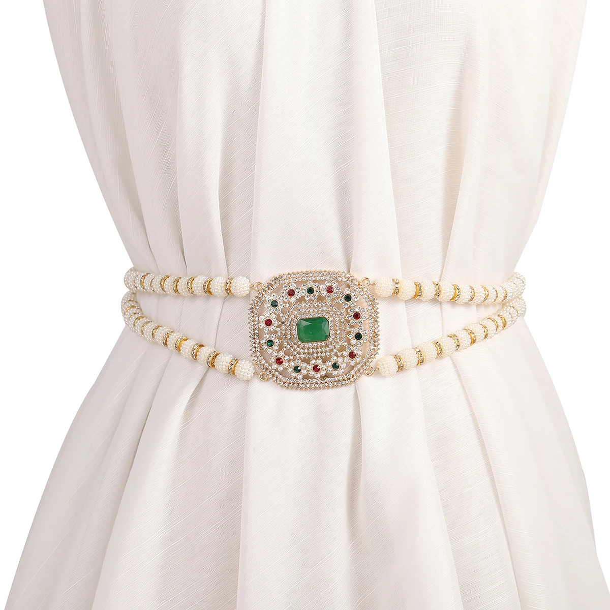 حزام خلفي أنيق مرصع باللؤلؤ والأحجار الكريمة، إكسسوار زفاف رائع لفساتين الزفاف العربية/العرقية والمناسبات التقليدية