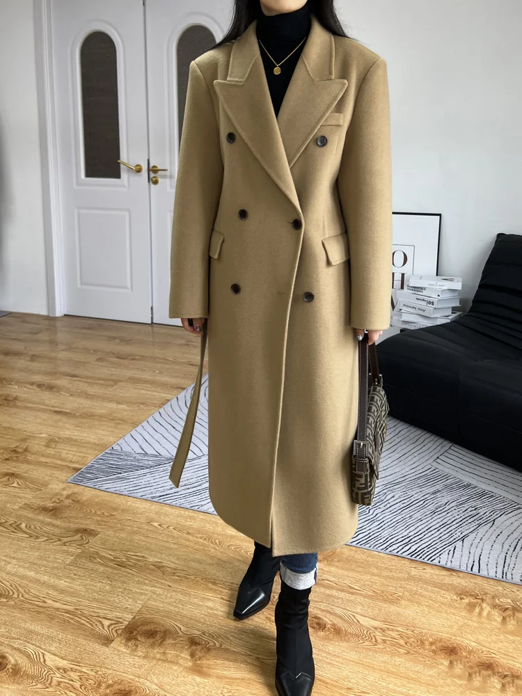 High-end Black Women Double-sided Wool Coat Fashion Slim Lapel Lace-up Mid-length Woolen Coat Warm Casual Jacket Autumn Winter