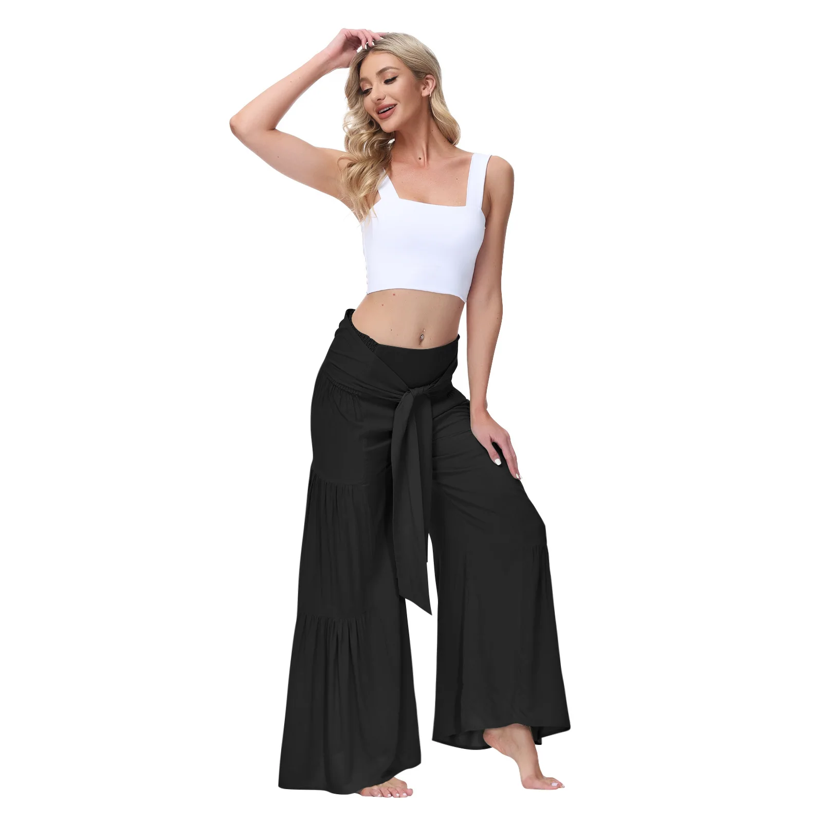 Pantalon large taille haute pour femme, pantalon femme noir, droit, décontracté, extérieur, printemps, été