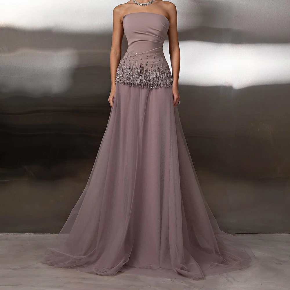 

Customized Mermaid Evening Dresses Floor-length Strapless Sleeveless Prom Gown Fashion Sequined Backless Pleat Draped Party Gown