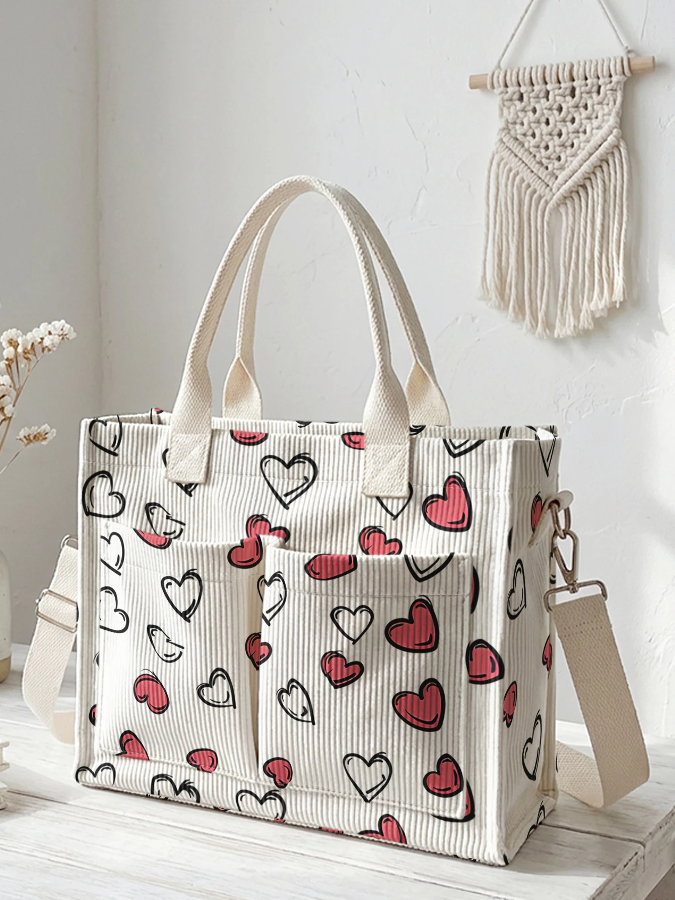 

Милая вельветовая сумка-тоут с принтом в виде нарисованных вручную сердечек, большая вместительная сумка с несколькими карманами, женская сумка через плечо для повседневного использования.