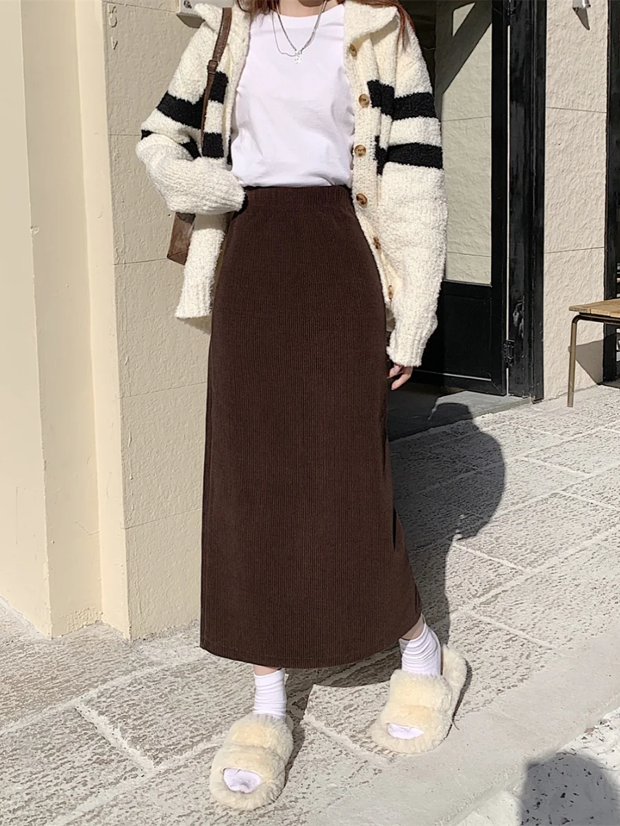 

High Waist Corduroy Elastic Waist f Body Skirt Women plus Size Pear ape Slim A-Line Mid-Length Skirt Autumn Winter
