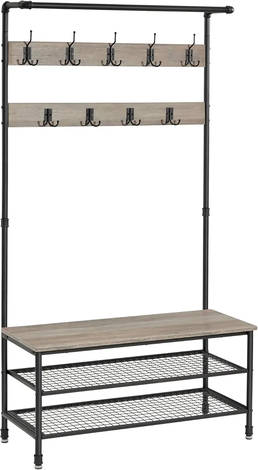 

VASAGLE Industrial Coat Shoe Rack Hall Tree with 9 Hooks, Steel Frame Pipe Style, 39.4 x 16.3 x 71.7 inches, Greige