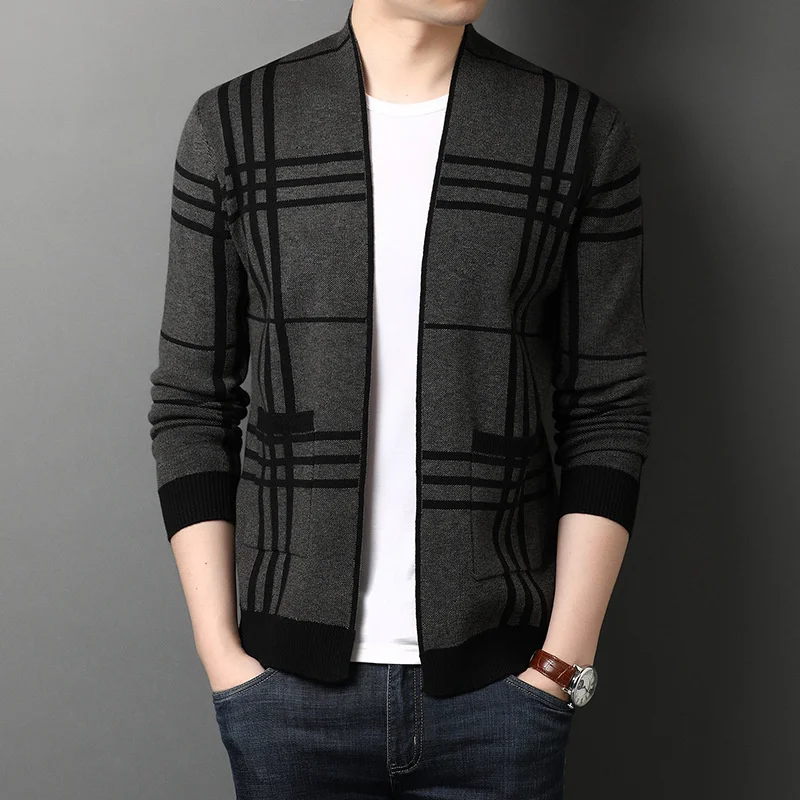 New Knitted Cardigan Men's Casual Plaid Sweater Jacket Men In Autumn Winter 2024Europe Station Fashion slim fit versatile coat