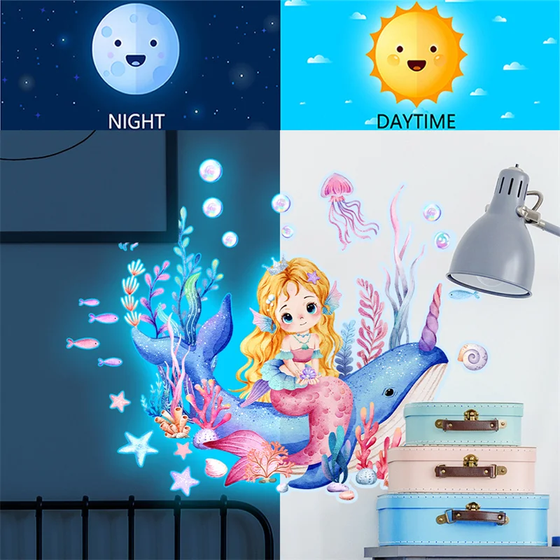 Blue Mermaid Princess Sticker Shines In The Dark Girl Bedroom Luminous Jellyfish Whale Bathroom Toilet Decor Ocean Glowing Decal