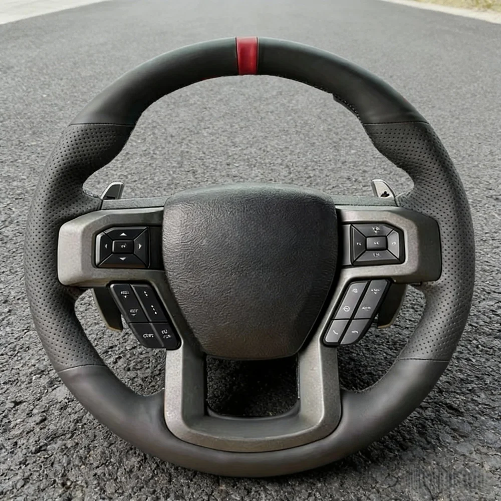 Funda de Volante Cosida a Mano en Cuero de Microfibra para Ford F-150 King Ranch Lariat Platinum XL XLT 2015-2017