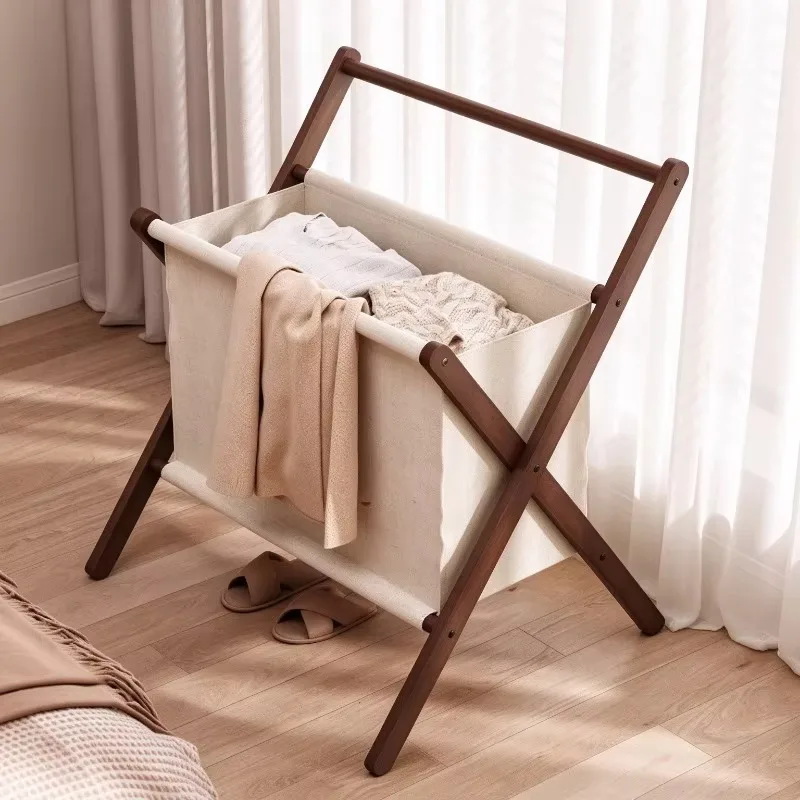 Solid Wood Clothes Storage Rack Foldable Laundry Basket Vertical Clothing Organizer Stand Large Capacity Storage Baskets