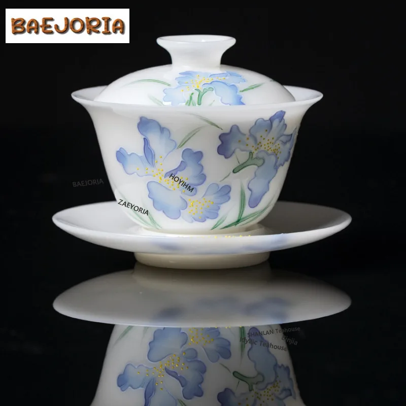 BAEJORIA 130ml Ice-pure Jade Hand Painted Wind Iris Gaiwan Ancient Tea Tureen Tea Bowl With Lid Kit Tea Maker Cover Bowl For Tea