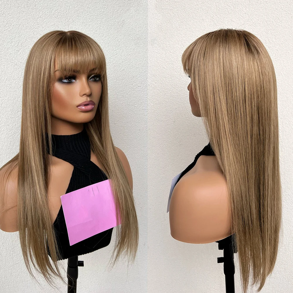 Caramel Blonde Straight Wig Light Brown Roots Lace Front Wig with Bangs Remy Human Hair Lace Lace Wigs Natural Looking Hairline