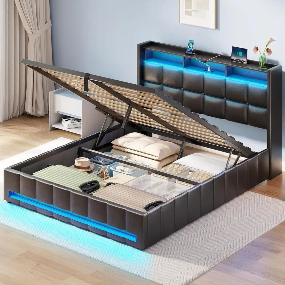 

Bed e ull Size with Lit Up Storage, Charging Station & LED Lights, Upholstered Storage board, Heavy Duty Wooden Slats, No Box Sp