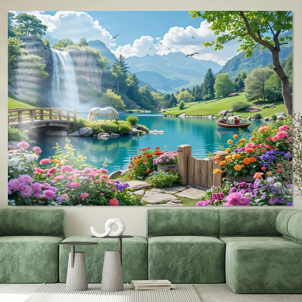 Mountain Lake Waterfall Horse Bridge Garden Tapestry Scenic Wall Hanging for Living Room Sofa Background Nature Lover Gift