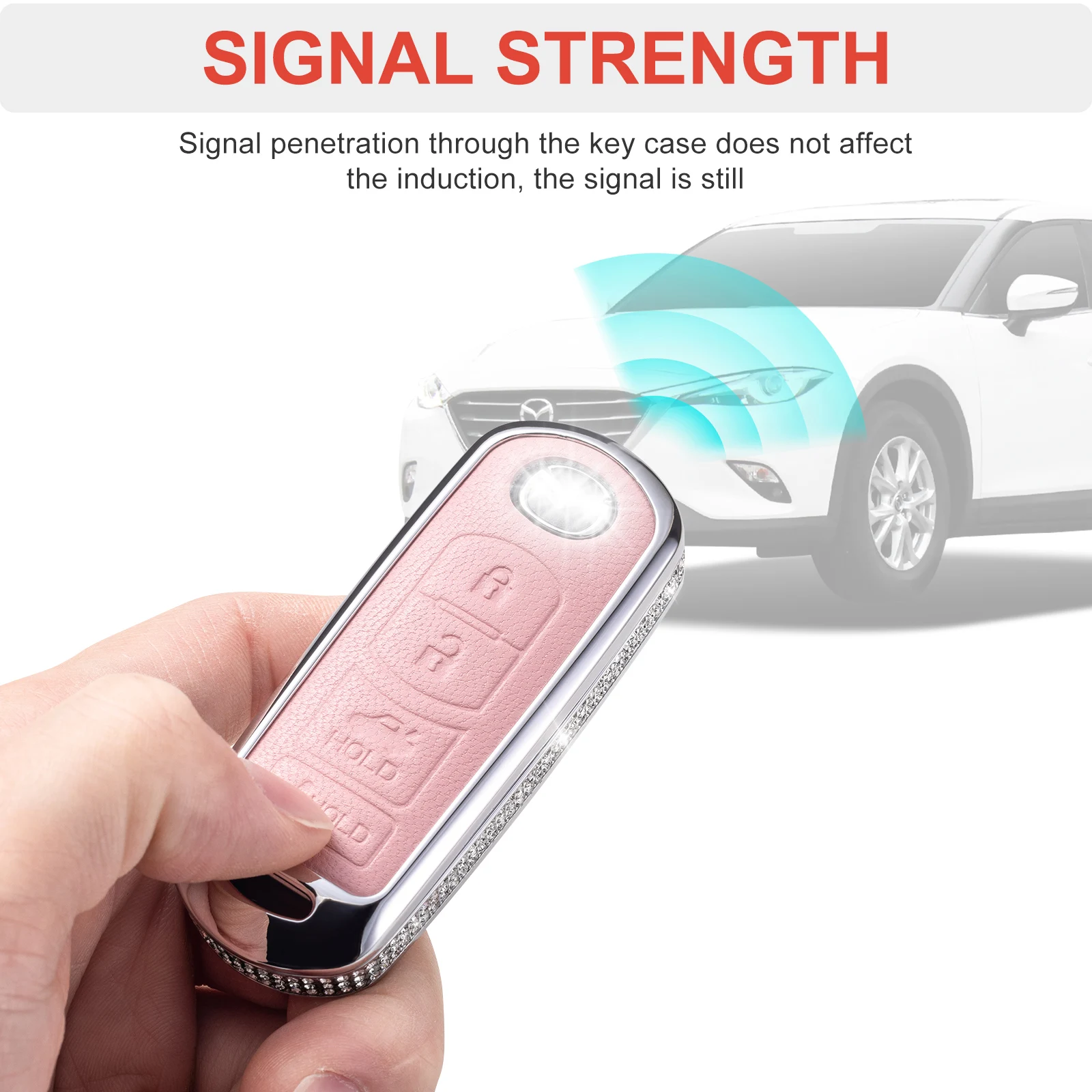 Key Fob Cover Compatible with Mazda, Pink Leather Crystal 360 Degree Protection Key Shell Case for Mazda 3 6 8 Miata MX-5 CX-3 C