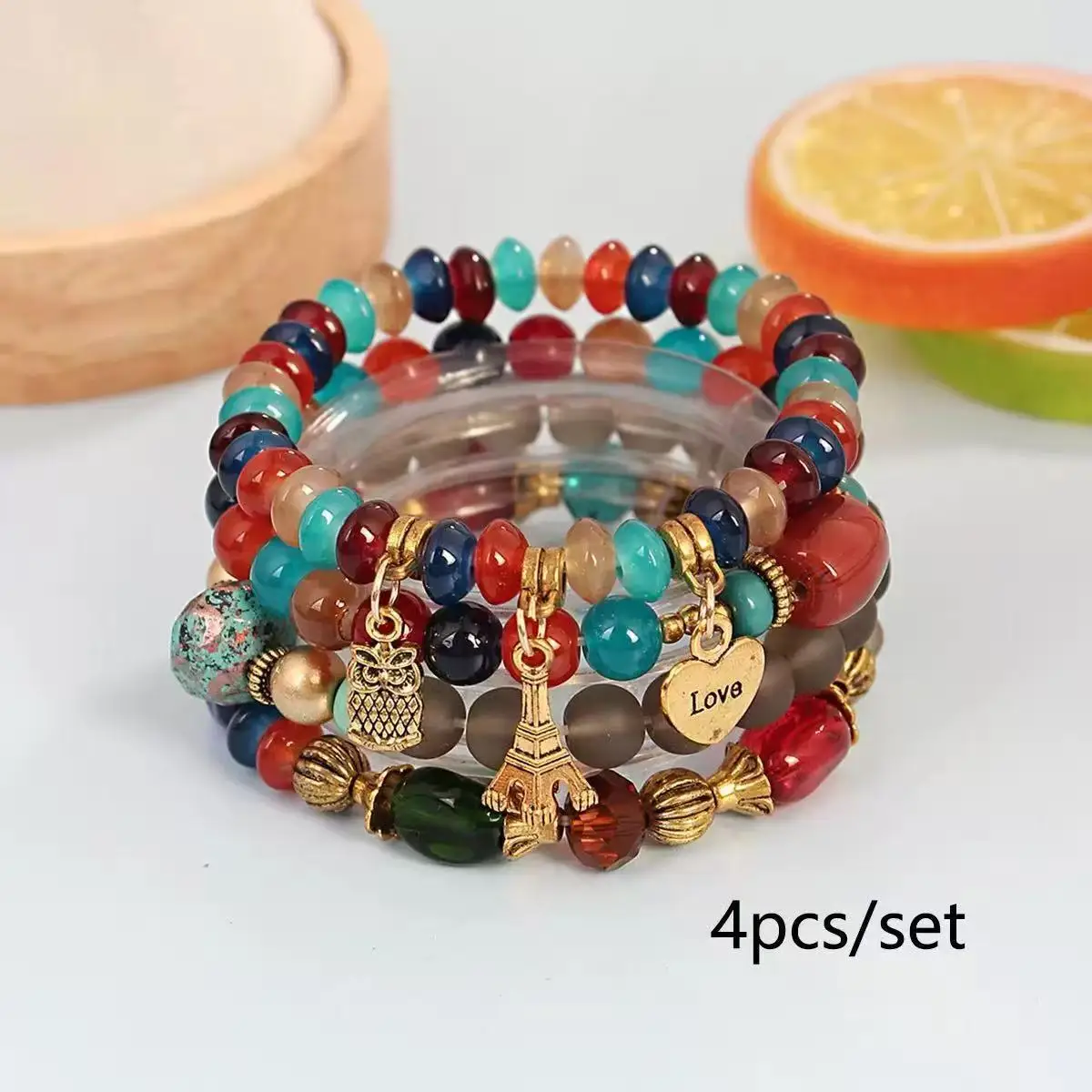 Boho Stretch Bracelet Set for Amazon – 4-Piece Multi-Layer Beaded Wristband Gift for Women, Elastic Bohemian Hand Chain