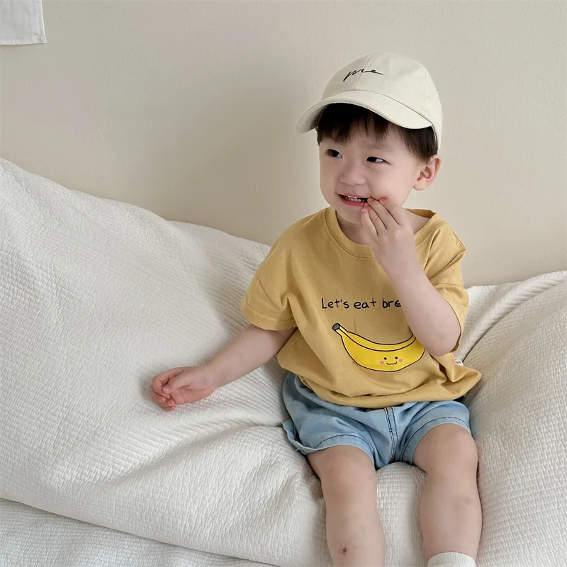 T-shirt Baby Short Sleeved Cowboy Summer Thin Korean Childrens Clothing Baby Round Collar Simple Lovely 2024 Fashion