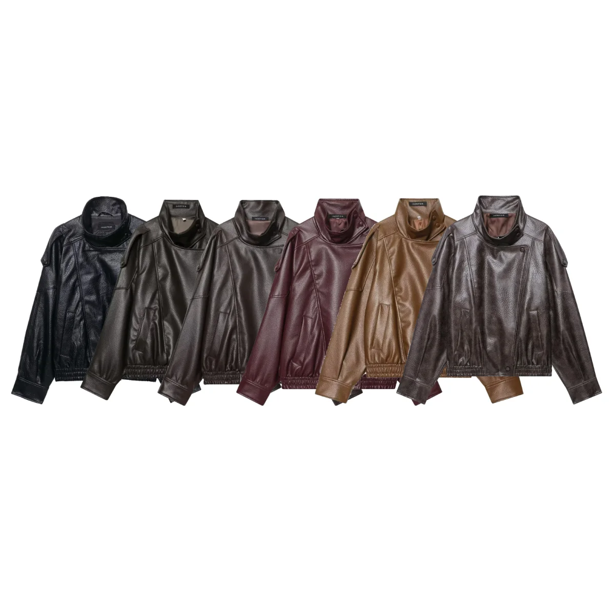 DUOPERI Women Multi Color Asymmetric Placket Faux Leather Jacket Stand Collar Female Chic Lady Casual Outerwear