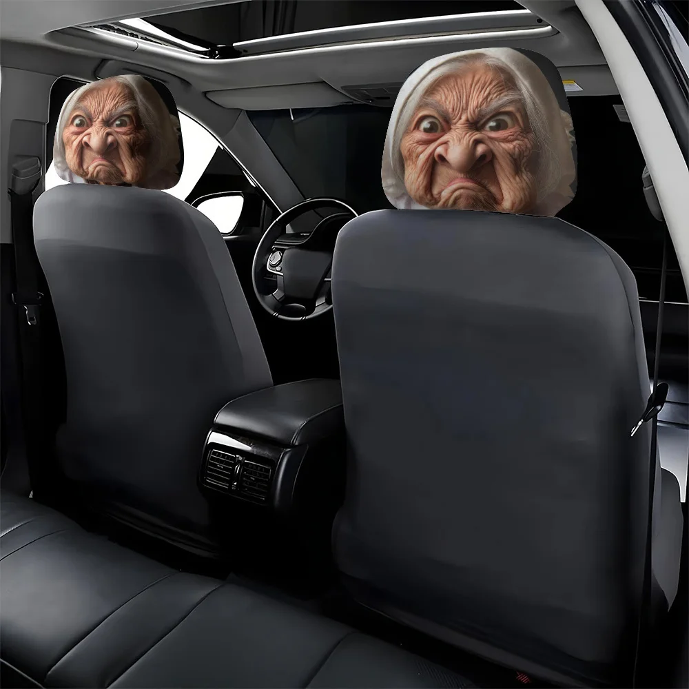 Universal Funny Old Lady Face Printed Car Headrest Cover 2Pcs Elastic Washable Auto Head Protector Fashion Car Decor for Daily