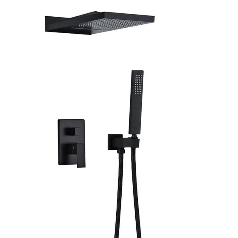 

BECOLA Matte black Waterfall Rain Shower Faucet Set with Metal Handshower Concealed In Wall Shower Column System 3-Ways Mixer