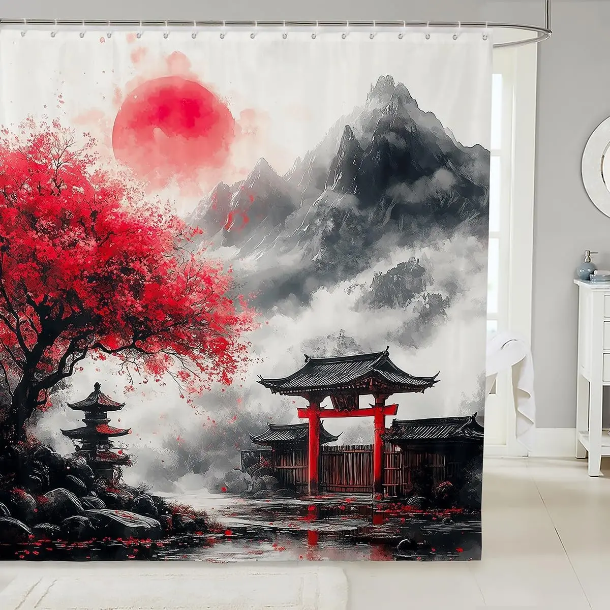 

Japanese Style Shower Curtain for Bathroom Decor Cherry Blossoms Bath Curtain for Boys Girls Teens Red Sun Fuji Mountain Decor