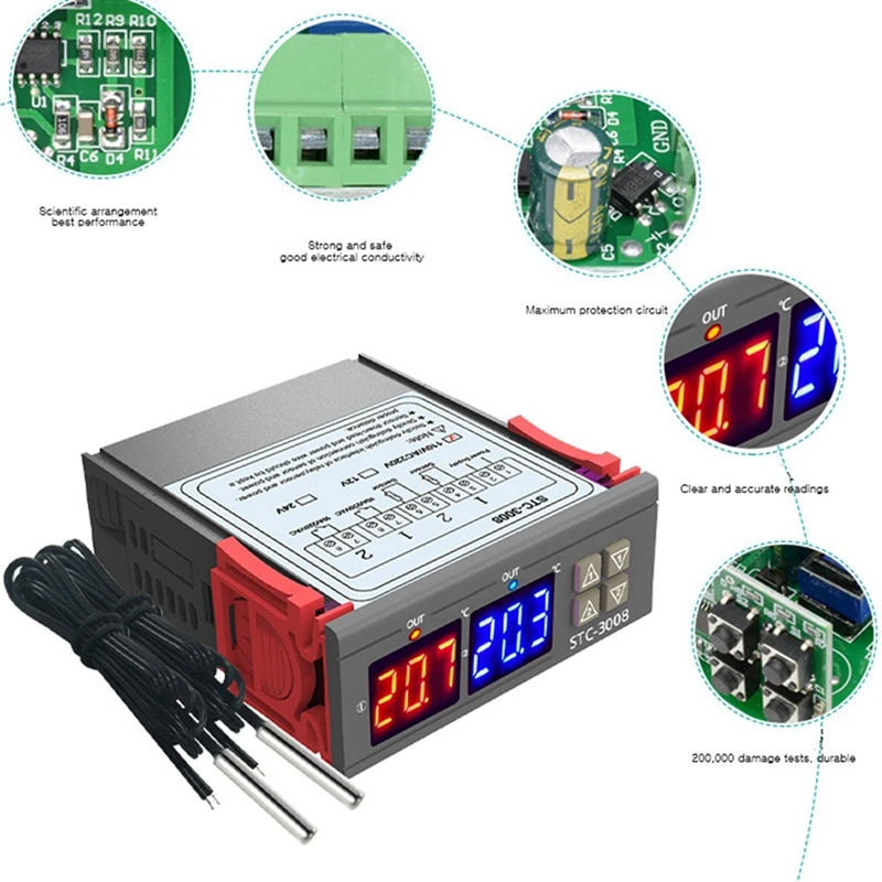 Pengontrol suhu Digital, termometer Sensor higrometer STC-3008 12V 24V 220V 2X