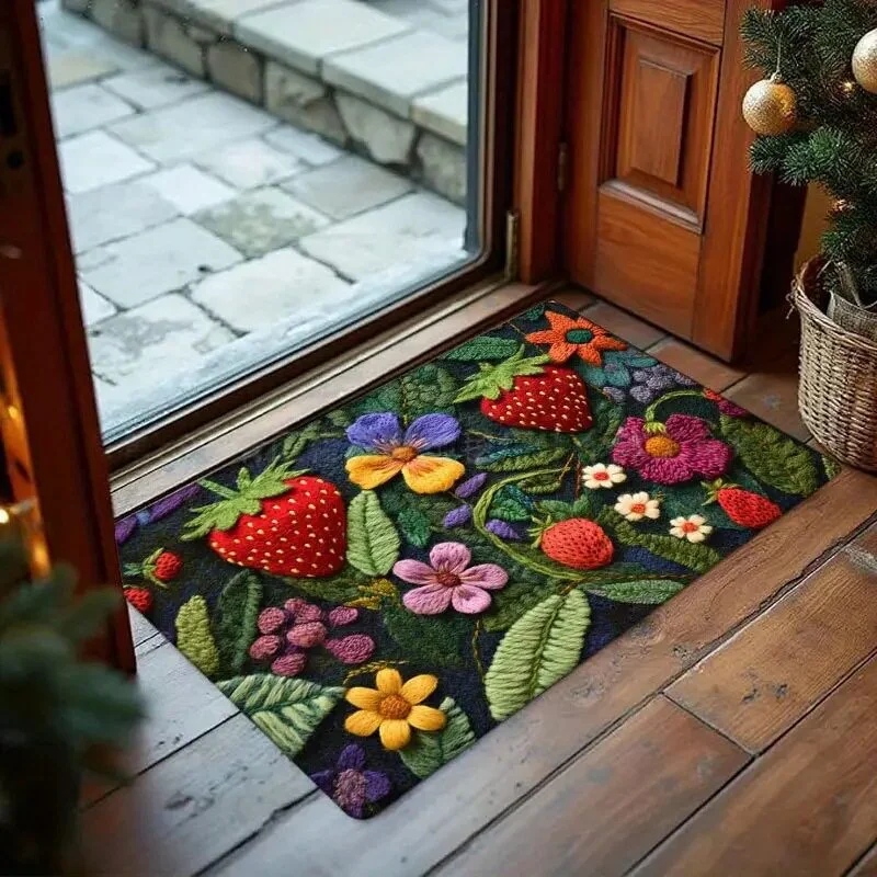 VIKAMA 3D Crochet Strawberry Flower Embroidery Colorful Knit Fruit Art Flannel Door Mat Non Slip Entryway Bedroom Living Room