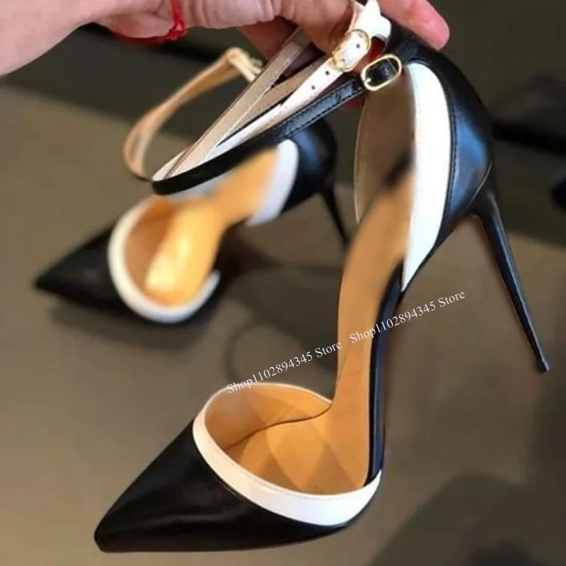 

Black White Buckle Shallow Pumps Thin High Heel Leather Fashionable Sexy Cool 2024 Summer Big Size Woman Shoes Zapatillas Mujer