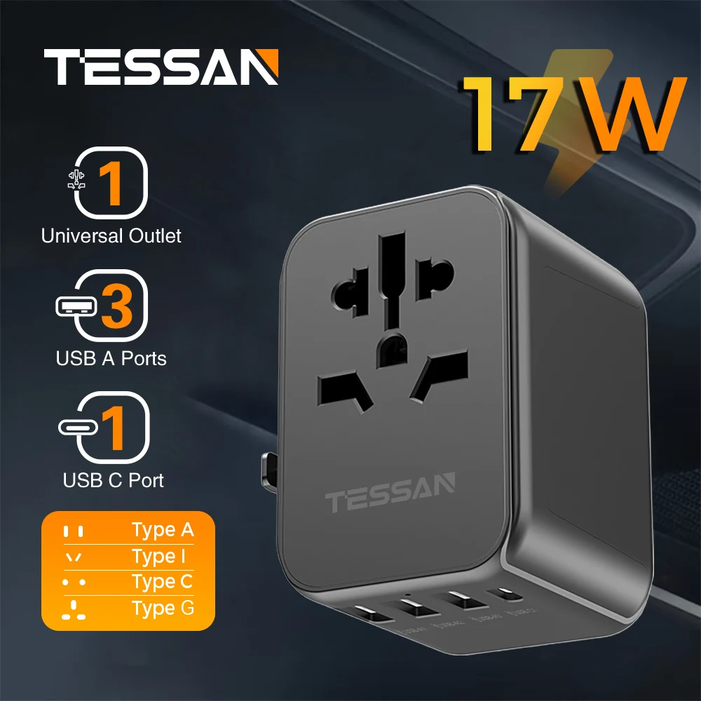 TESSAN Internationaler Reiseadapter, universelles Reiseladegerät mit USB-A-Anschluss und Typ C, All-in-One-US-EU-UK-AUS-Stecker für Reisen